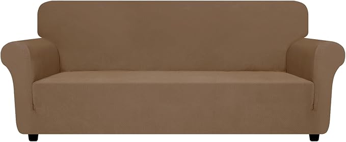 ZNSAYOTX Super Stretch Sofa Cover (72"-92"), New Striped Sofa Covers Fitted Slipcovers with Elastic Bottom, Dog Cat Pets Proof Spandex Washable Fabric Comfortable & Durable (Light Coffee, Sofa)