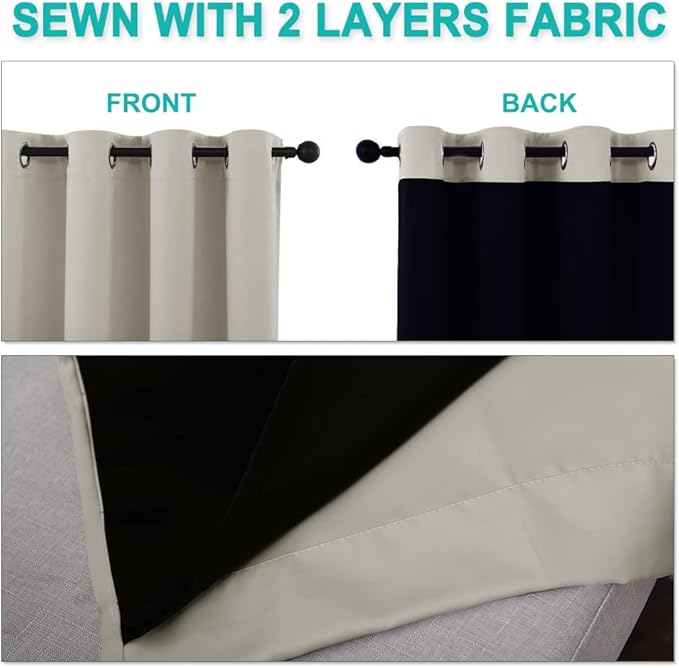NICETOWN Full Shading Curtains for Windows, Super Heavy-Duty Black Lined Blackout Curtains for Bedroom, Privacy Assured Window Treatment (Natural, Pack of 2, 62 inches W x 95 inches L)