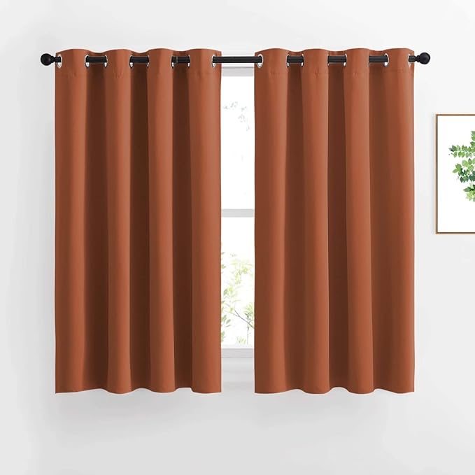 NICETOWN Half Window Curtains for Bedroom - Grommet Modern Thermal Insulated Blackout Window Drapes Sound Reducing for Nursery/Kitchen, Burnt Orange, W52 x L54, Set of 2