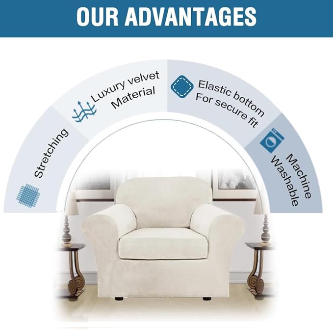 H.VERSAILTEX Rich Velvet Stretch 2 Piece Chair Cover Chair Slipcover Sofa Cover Furniture Protector Couch Soft with Elastic Bottom Chair Couch Cover Width Up to 49 Inch (Chair, Porcelain White)