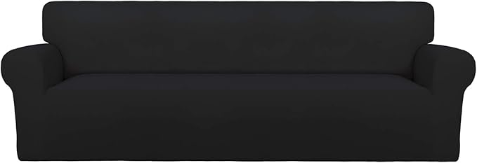 PureFit Super Stretch 4 Seater Sofa Slipcover – Spandex Non Slip Soft Couch Sofa Cover, Washable Furniture Protector with Non Skid Foam and Elastic Bottom for Kids, Pets （XX Large, Black）