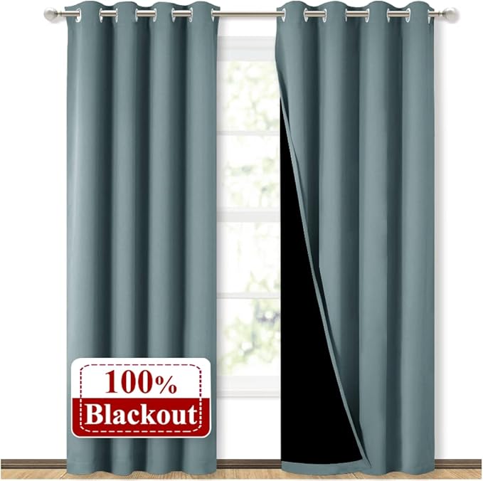NICETOWN 100% Blackout Curtains 84 inches Long, Pair of Energy Smart & Noise Blocking Out Drapes for Baby Room Window, Thermal Insulated Guest Room Lined Window Dressing(Greyish Blue, 52 inches Wide)