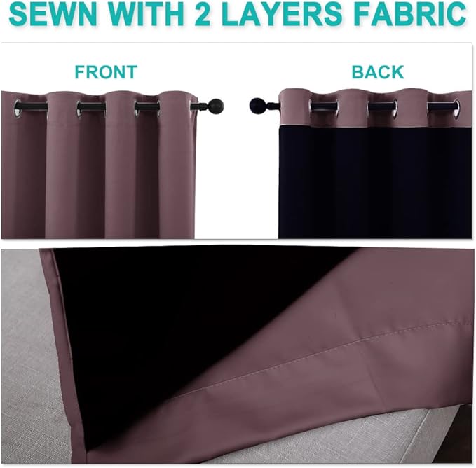 NICETOWN Warm Curtains for Winter, Bedroom Full Blackout Curtain Panels, Great Job for Blocking Light, Complete Blackout Draperies with Black Liner for Night Shift (Dry Rose, Set of 2, 46 by 54-inch)