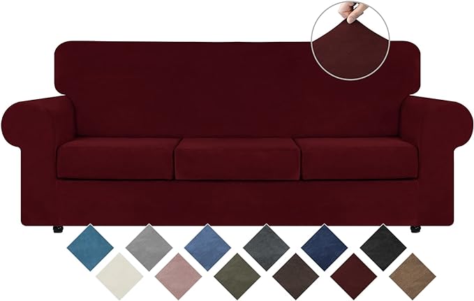 WEERRW Velvet High Stretch Couch Covers for 3 Cushion Couch Sofa Slipcovers, Washable Furniture Protector with Non Slip Elastic Bottom, Feature Soft and Thick Plush Fabric, Burgundy, Large