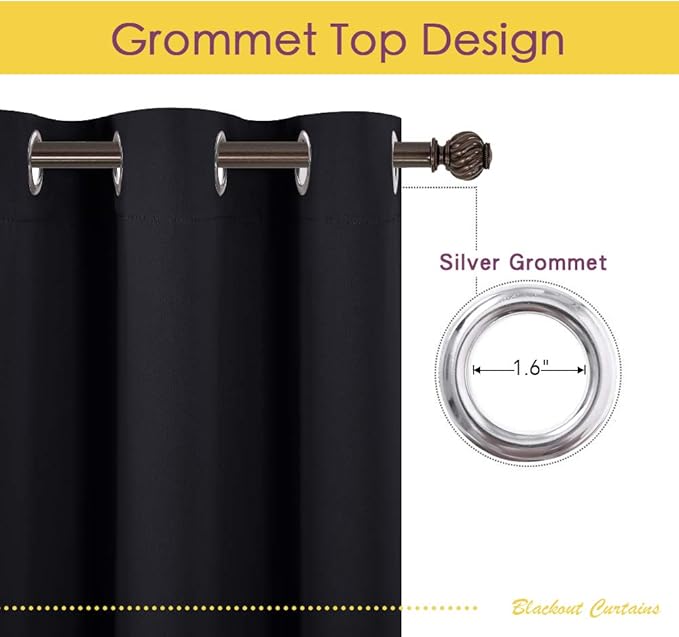 NICETOWN Living Room Blackout Curtain Panels, Autumn/Winter Thermal Insulated Solid Grommet Blackout Draperies/Drapes (Set of 2, 42 Inch by 72 Inch, Black)