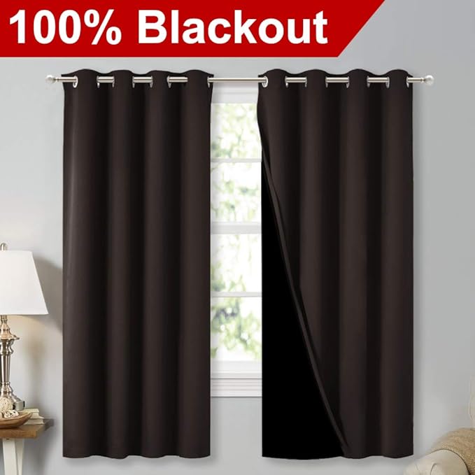 NICETOWN Complete 100% Blackout Curtains, Thermal Insulated & Energy Efficiency Window Draperies with Black Liner, Noise Reducing Short Curtains for Kids Room (Brown, 52-inch W by 63-inch L, 2 Panels)