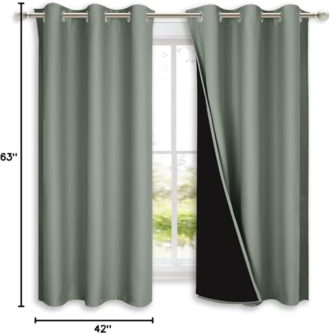 NICETOWN Greyish Green 100% Blackout Lined Curtains, 2 Thick Layers Completely Blackout Window Treatment Panels Thermal Insulated Drapes for Kitchen (1 Pair, 42" Width x 63" Length Each Panel)