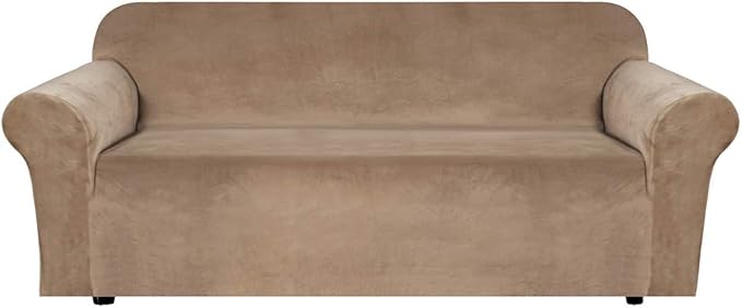 H.VERSAILTEX Stretch Velvet Sofa Covers for 3 Cushion Couch Covers Furniture Protector Soft with Non Slip Elastic Bottom, Crafted from Thick Comfy Rich Velour (Large Sofa 90"-97", Camel)