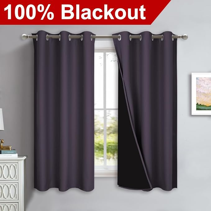 NICETOWN 100% Blackout Short Curtains with Black Liners, 2 Panels, 37" W by 63" L, Greyish Purple, Thermal Insulated Full Blackout 2-Layer Lined Drapes, Energy Efficiency Window Drapes for Bedroom