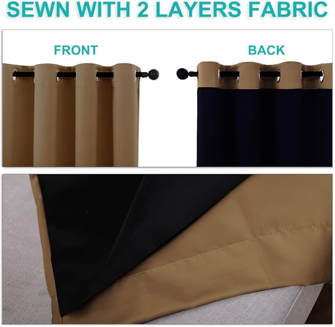 NICETOWN 100% Blackout Curtains for Windows, Pack of 2, 52" W x 108" L, Gold Brown, Super Heavy-Duty Black Lined Total Darkness Drapes for Bedroom, Privacy Assured Window Treatment for Patio