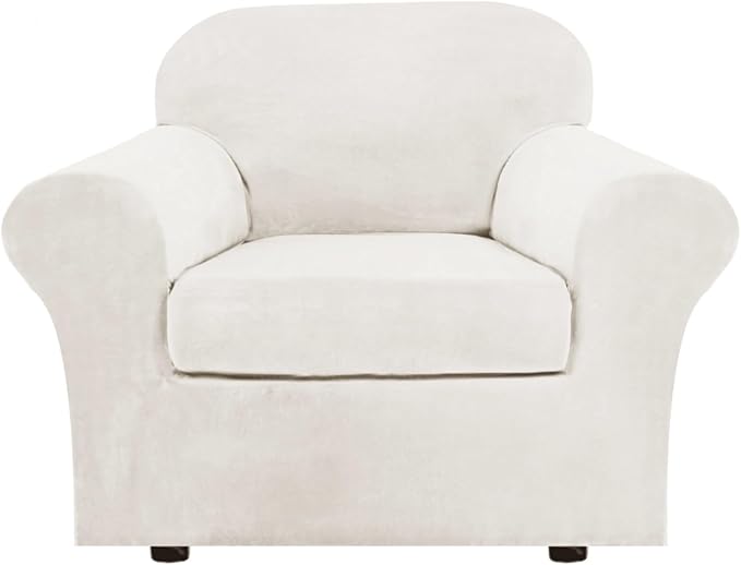 H.VERSAILTEX Rich Velvet Stretch 2 Piece Chair Cover Chair Slipcover Sofa Cover Furniture Protector Couch Soft with Elastic Bottom Chair Couch Cover Width Up to 49 Inch (Chair, Porcelain White)