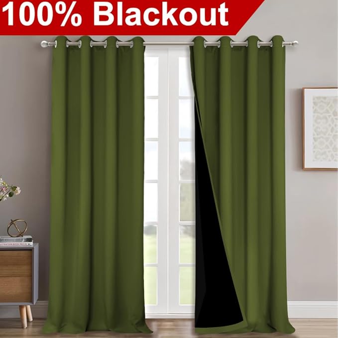 NICETOWN 100% Blackout Curtains for Windows, Pack of 2, Olive Green, 52" W x 120" L, Super Heavy-Duty Black Lined Total Darkness Drapes for Bedroom, Privacy Assured Window Treatment for Patio