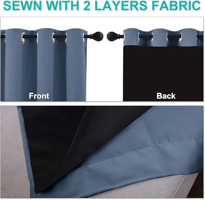 NICETOWN 100% Blackout Curtains for Windows, Pack of 2, Stone Blue, 52" W x 102" L, Super Heavy-Duty Black Lined Total Darkness Drapes for Bedroom, Privacy Assured Window Treatment for Patio