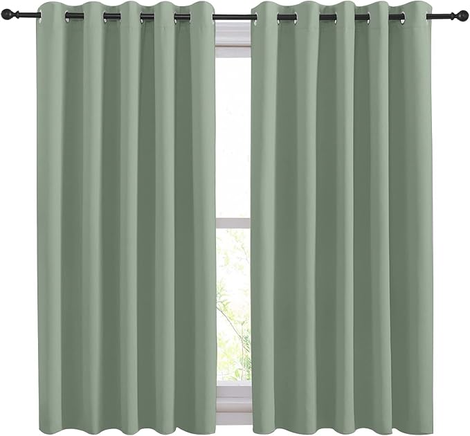NICETOWN Thermal Insulated Greyish Green Curtains Blackout Draperies, Window Treatment Solid Grommet Room Darkening Drape Panels for Bedroom (Set of 2, 70 by 54 inches Long)