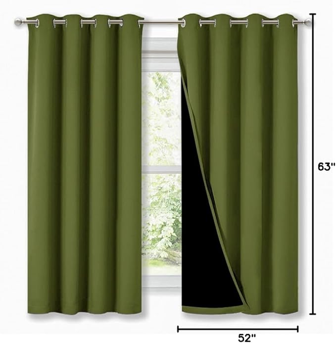 NICETOWN 100% Blackout Curtain Panels, Thermal Insulated Black Liner Curtains for Nursery Room, Noise Reducing and Cold Blocking Drapes for Windows (2 PCs, Olive Green, 52-inch Wide by 63-inch Long)