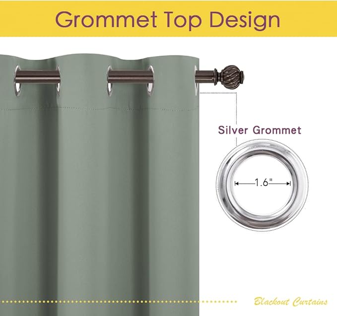 NICETOWN Window Curtain Panels, Greyish Green, 1 Pair, 34 by 80-inch, Thermal Insulated Solid Grommet Blackout Draperies/Drapes for Basement