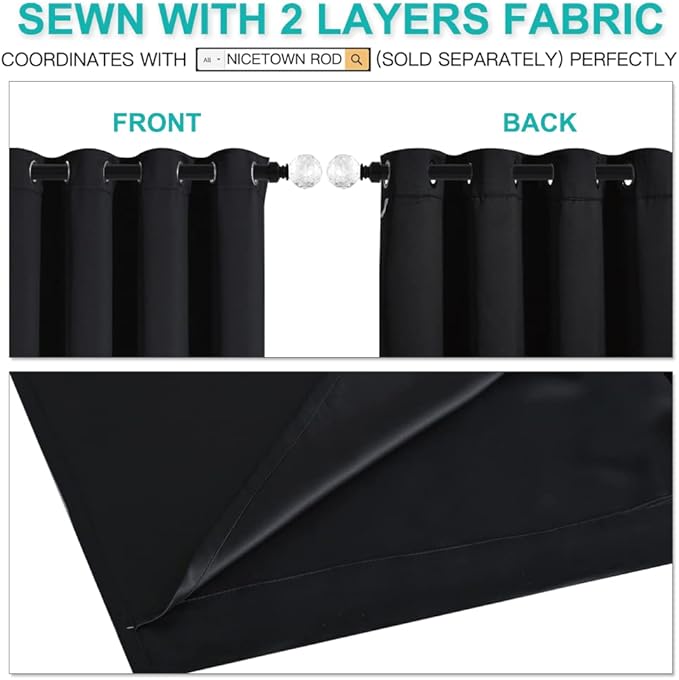 NICETOWN Complete 100% Blackout Curtains, Thermal Insulated & Energy Efficiency Window Draperies with Black Liner, Noise Reducing Short Curtains for Kids Room (Black, 70-inch W by 63-inch L, 2 Panels)