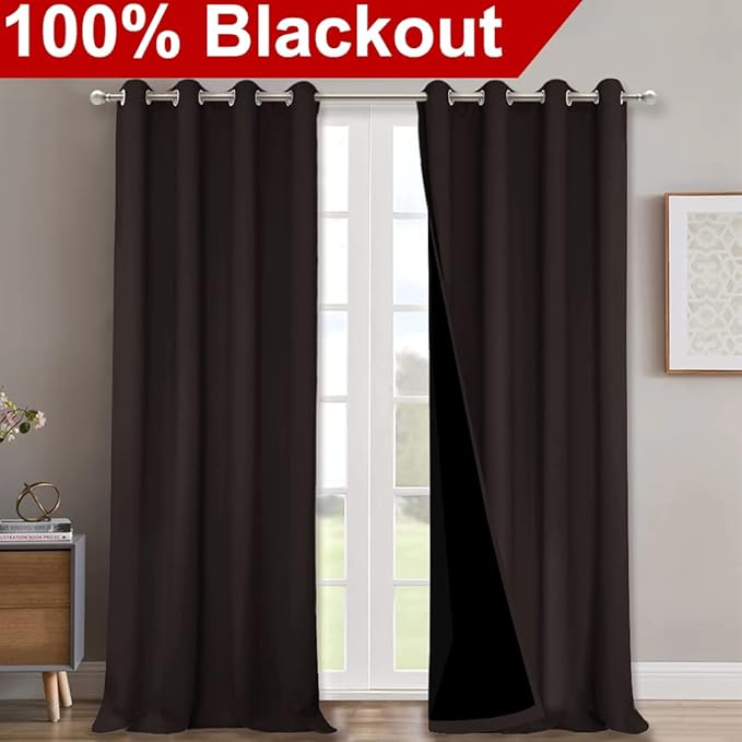 NICETOWN Full Shading Curtains 90 inches Long 2 Panels Set for Windows, Brown, Pack of 2, 52 inches W, Super Heavy-Duty Black Lined Blackout Curtains for Bedroom, Privacy Assured Window Treatment