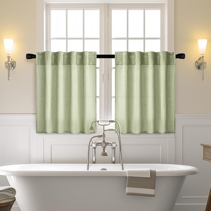 MIULEE Sage Green Kitchen Curtains 24 Inch Length 2 Panels, Soft Thick Linen Textured Semi Sheer Light Filtering Short Cafe Tier Curtains for Small Half Window Bathroom Laundry Back Tab Rod Pocket
