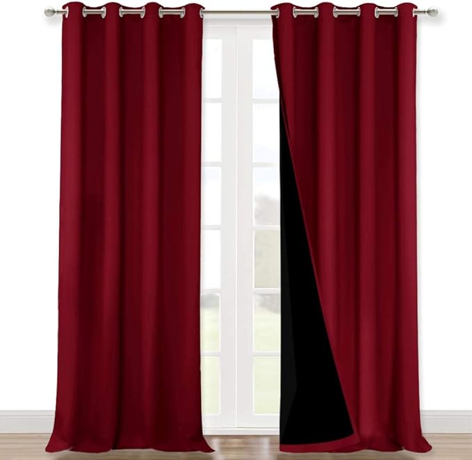 NICETOWN Cold Blocking Curtains, Truly Blackout Drapes, Heavy-Duty Full Light Shading Curtain Set with Black Liner Backing for Villa/Hall/Dorm（Burgundy Red, Set of 2, 52 inches Wide x 95 inches Long