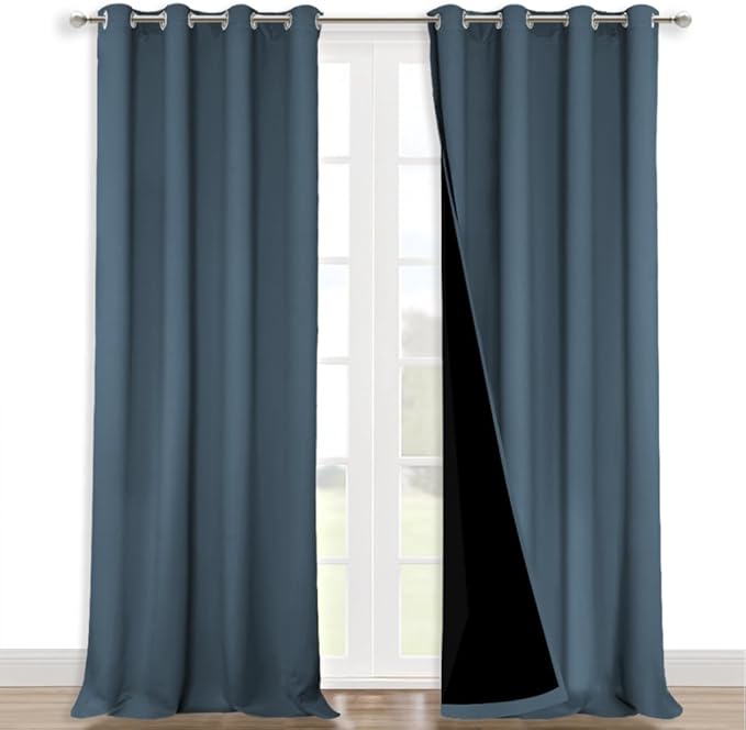 NICETOWN 100% Blackout Blinds, Set of 2, 46" x 96", Smoky Blue, Laundry Room Decor Window Treatment Curtains for Large Patio Sliding Door, Thermal Insulated Curtains for Bedroom