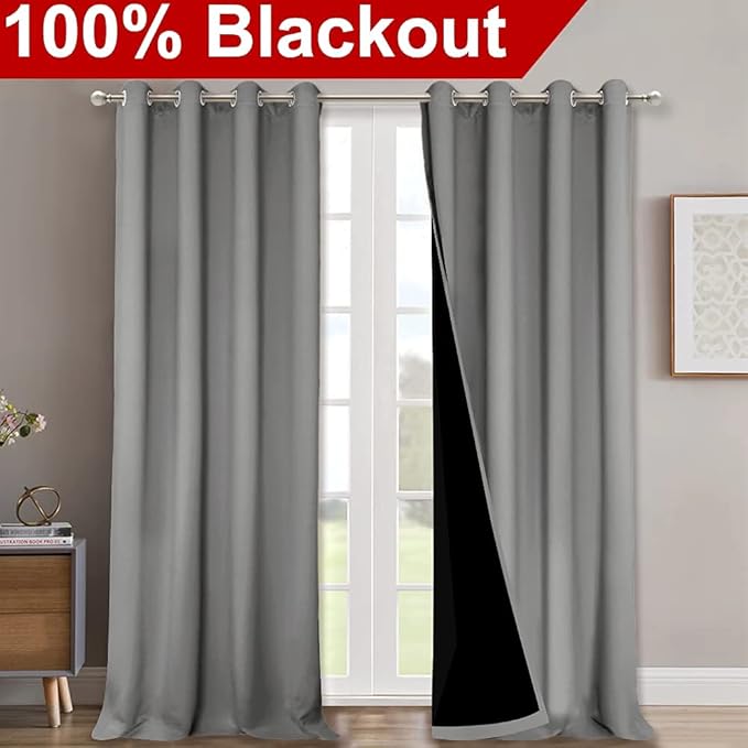 NICETOWN 100% Blackout Blinds, Laundry Room Decor Window Treatment Curtains for Large Patio Sliding Door, Thermal Insulated Silver Grey Curtains for Bedroom, Set of 2, 52 inches x 108 inches