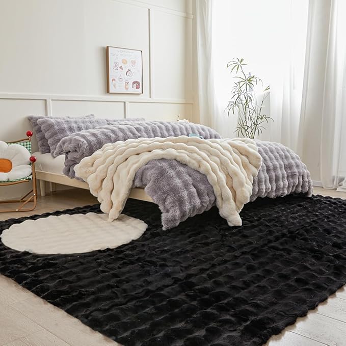 Black Rabbit Plush Rug 6'x9', Fluffy Faux Fur Shaggy Area Rug for Nursery, Kids Room Decor, Soft Fuzzy Carpet for Living Room, Bedroom, Teen Girls Room