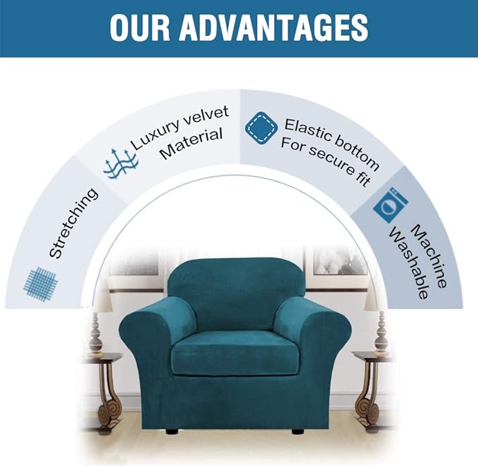 H.VERSAILTEX Rich Velvet Stretch 2 Piece Cover Chair Slipcover Sofa Cover Furniture Protector Couch Soft with Elastic Bottom Chair Couch Cover with Arms Width Up to 49 Inch(Chair, Deep Teal)
