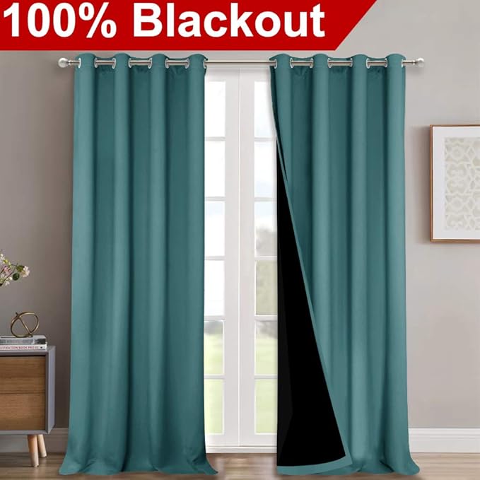 NICETOWN 100% Blackout Blinds, Set of 2, 46" x 102", Sea Teal, Laundry Room Decor Window Treatment Curtains for Large Patio Sliding Door, Thermal Insulated Curtains for Bedroom
