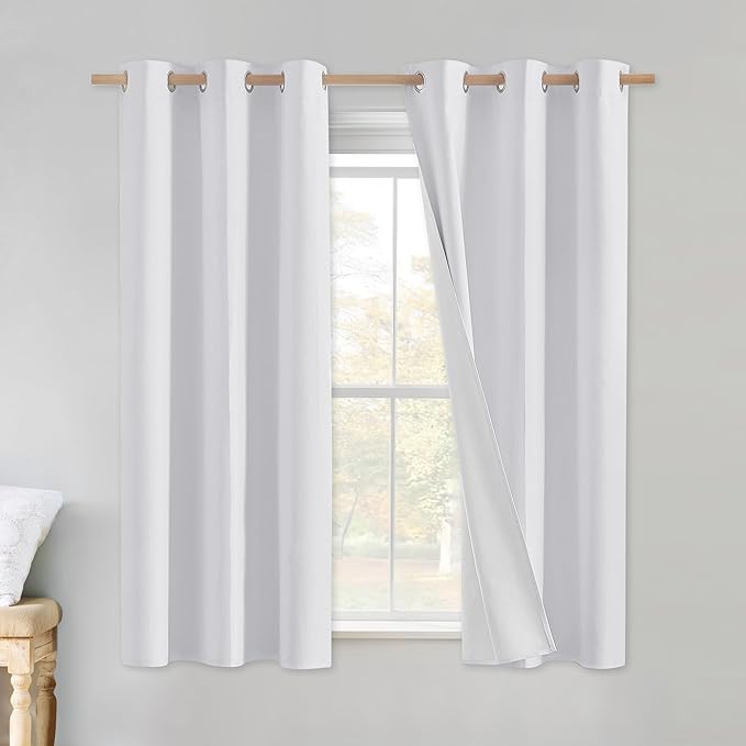 NICETOWN 100% Absolutely Blackout Linen Curtains with Thermal Insulated White Liner, White, 34 inches Wide, 60 inches Length Energy Saving Curtains for Cupboard 2 Panels Set, Vertical Blinds