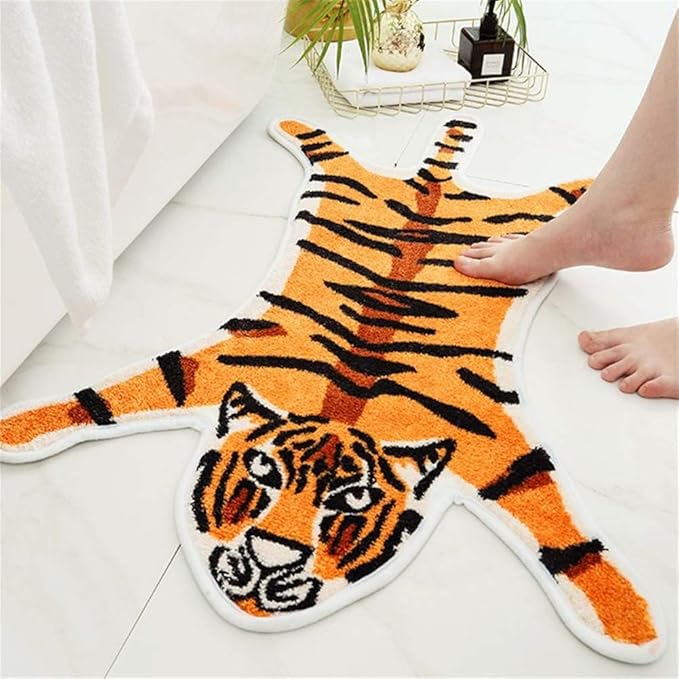 Tiger Print Rug Animal Printed Small Area Rugs Faux Cowhide Skin Leather Nonslip Personalized Bath Carpet Cartoon Rug Bedroom Office Living Room Floor Mat 2.6x1.8Ft/32.2inx21.4in