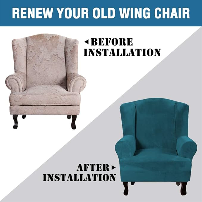 H.VERSAILTEX Wingback Chair Covers Velvet Plush Wing Chair Slipcover 1 Piece High Stretch Wing Back Chair Slipcovers Sofa Cover Furniture Cover with Elastic Bottom, Deep Teal