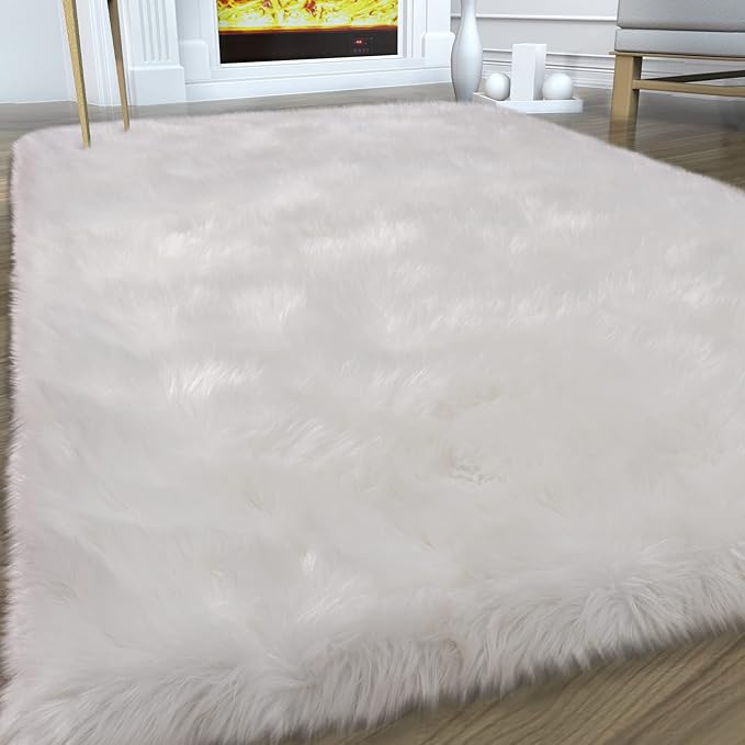 Faux Fur Area Rug, White Fluffy Rugs for Bedroom Living Room, 4'x6' Soft Shaggy Fuzzy Rug for Nursery, Indoor Plush Floor Carpets for Kids Girls Boys Teen Dorm, Cute Home Decor, Rectangle