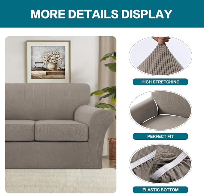 Turquoize 3 Piece Sofa Covers for 2 Cushion Couch Sofa Slipcover Soft Couch Cover for Dogs-Washable Sofa Furniture Covers with 2 Individual Cushion Covers, Thick Jacquard Fabric (Loveseat, Taupe)