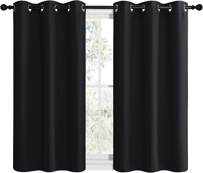 NICETOWN Bathroom Blackout Curtains and Drapes, Black Solid Thermal Insulated Grommet Blackout Drapery Panels for Window (2 Panels, 42 inches Wide by 40 inches Long, Black)