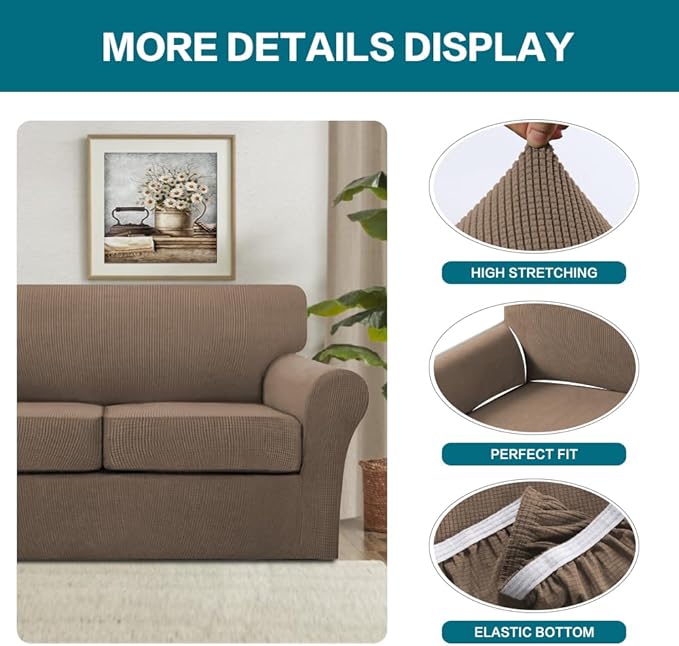 Turquoize 4 Piece Sofa Covers for 3 Cushion Couch Sofa Slipcover Soft Couch Cover for Dogs-Washable Sofa Furniture Cover with 3 Individual Cushion Covers (3 Cushion Sofa, Macchiato)