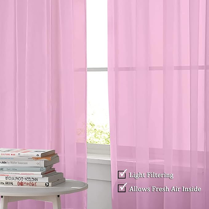 OWENIE Sheer Pink Curtains, Sheer Curtains 84 inch Length 2 Panels Set, Rod Pocket Voile Fimly Sheer Drapes for Living Room/Bedroom, 2pcs, Each 42" W x 84" L
