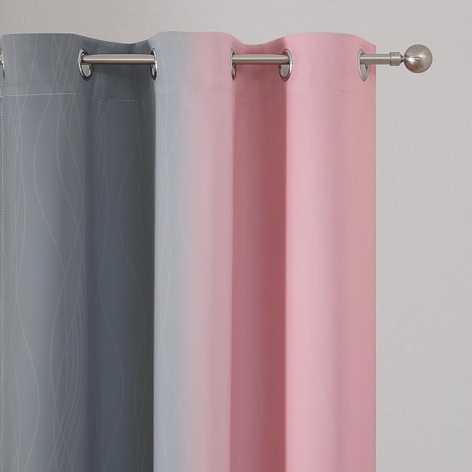 Estelar Textiler Ombre Gray and Pink Blackout Curtains 63 Inch Length 2 Panels, Full Light Blocking Curtains for Kids Room, Grommet Thermal Insulated Gradient Drapes for Girl's Room, 42x63 Inch