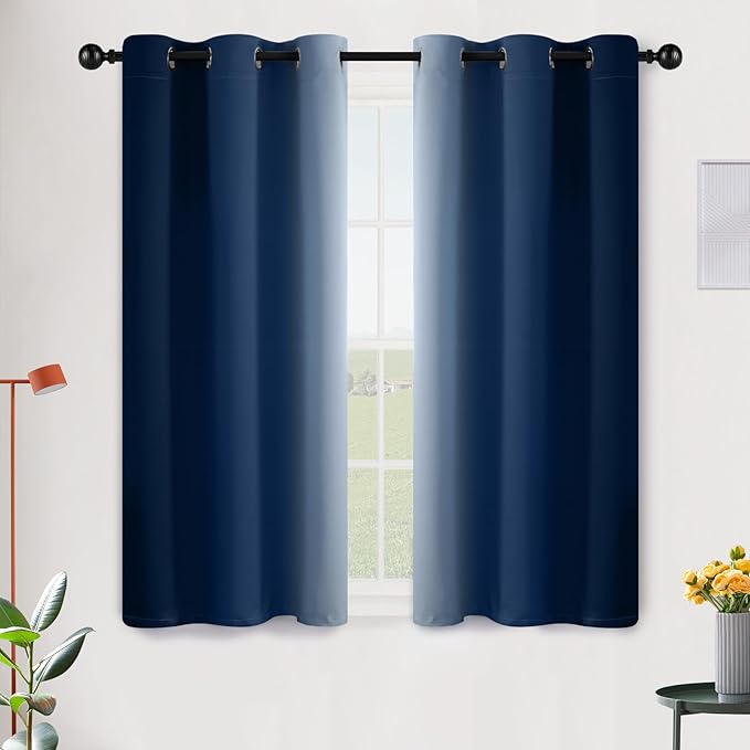 SimpleHome Ombre Room Darkening Curtains 45 inches Length for Bedroom,Grommet Gradient Light Blocking Blue Gradient Window Curtains for Living Room,2 Panels, 42x45 inches