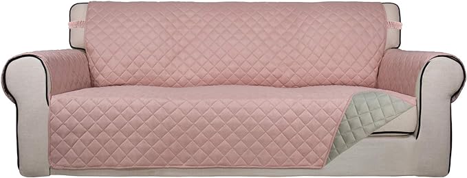PureFit Reversible Quilted Sofa Cover, Water Resistant Slipcover Furniture Protector, Washable Couch Cover with Non Slip and Elastic Straps for Kids, Dogs, Pets (Sofa, Pink/Beige)