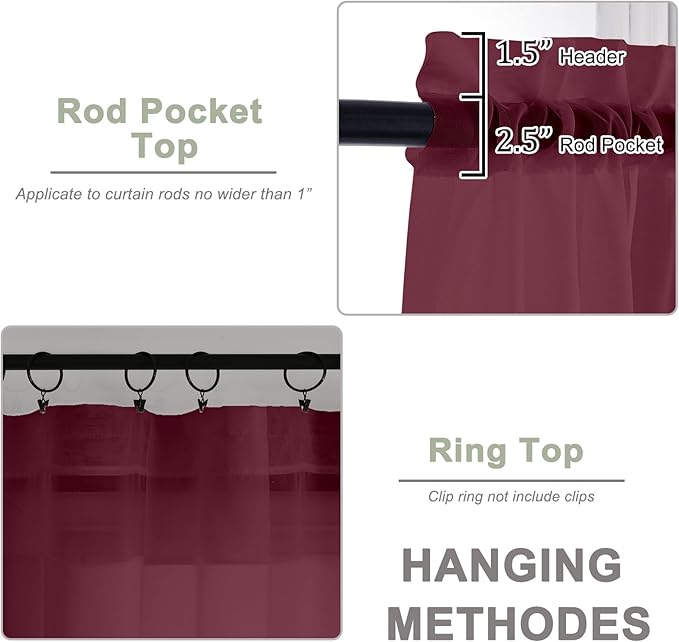 OWENIE Sheer Curtains 2 Panels Set for Bedroom Living Room, Soft Solid Rod Pocket Light Filtering Window Treatment, 2Pcs Each 59" W x 108" L, Burgundy Wine