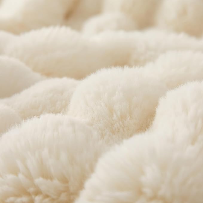 COOVA Faux Fur Throw Blanket for Couch, Cozy Soft and Fuzzy Plush Rabbit Fur Bubble Blanket for Sofa Bedroom Living Room, 60x80 Inches Ivory White