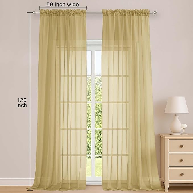 OWENIE Gold Sheer Curtains 120 Inches Long 2 Panels Set, Airy Lightweight Sheer Gold Curtains for Living Room Bedroom, Farmhouse Voile Filmy Rod Pocket Curtains Drapes, 2 Pcs, Each 59" Wx120 L Inch