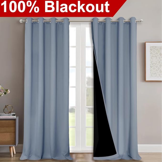 NICETOWN 100% Blackout Curtains for Windows, Pack of 2, Vintage Blue, 52" W x 120" L, Super Heavy-Duty Black Lined Total Darkness Drapes for Bedroom, Privacy Assured Window Treatment for Patio