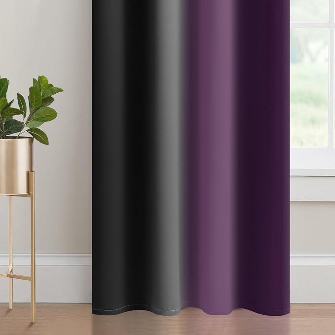 Yakamok Blackout Ombre Purple and Black Curtains for Bedroom, Gradient Room Darkening Curtains, Grommet Thermal Insulated Light Blocking Window Drapes/Curtain for Living Room,52 x 63 Inch,2 Panels