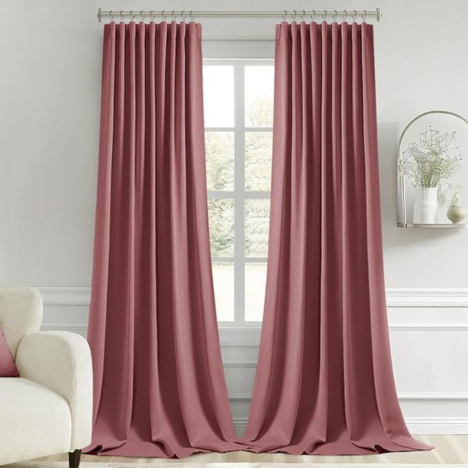 MIULEE Dusty Rose Back Tab Blackout Curtains 108 Inch Long 2 Panels Set for Bedroom, Rod Pocket/Pinch Pleat Extra Long Thermal Insulated Living Room Darkening Pleated Light Blocking Drapes