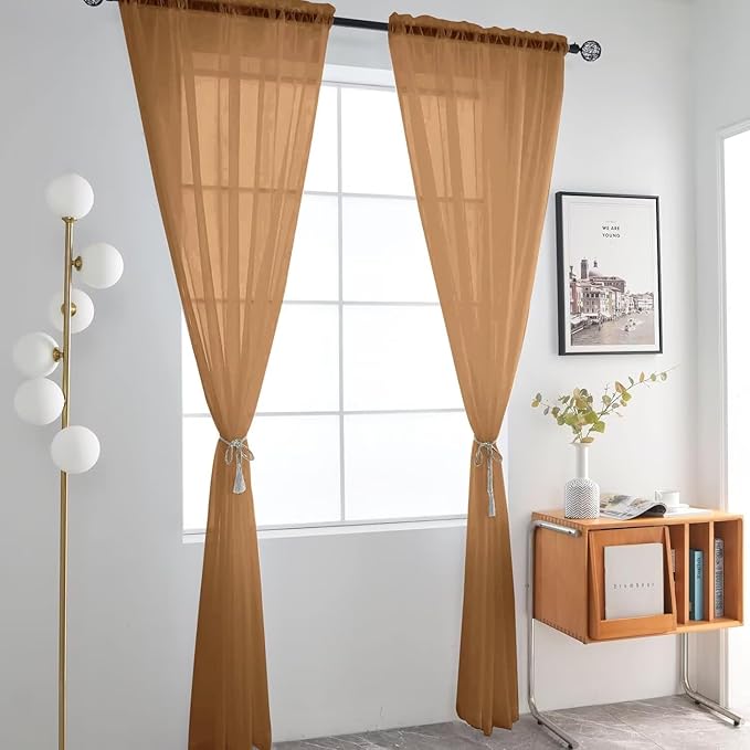 SpaceDresser Basic Rod Pocket Sheer Voile Window Curtain Panels Light Brown 1 Pair 2 Panels 52 Width 96 Inch Long for Kitchen Bedroom Children Living Room Yard（Light Brown, 52W x 96L）