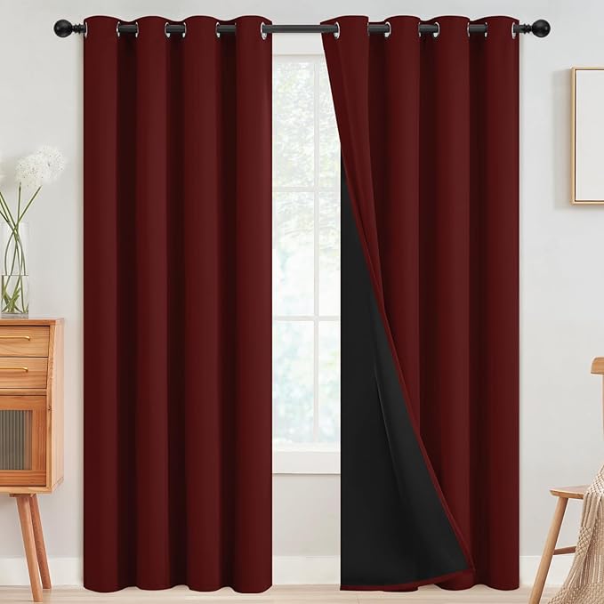 SimpleHome 100% Blackout Curtains for Bedroom,Thermal Insulated Burgundy Red Grommet Window Drapes Room Darkening Curtains for Living Room with Black Back,52 x 96 Inch,2 Panels