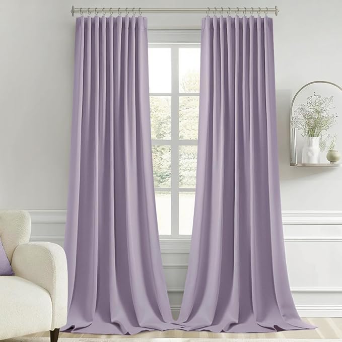 MIULEE Lilac Back Tab Blackout Curtain 96 Inch Long 2 Panels Set for Bedroom, Rod Pocket/Pinch Pleat Thermal Insulated Living Room Darkening Pleated Light Blocking Floor to Ceiling Drape