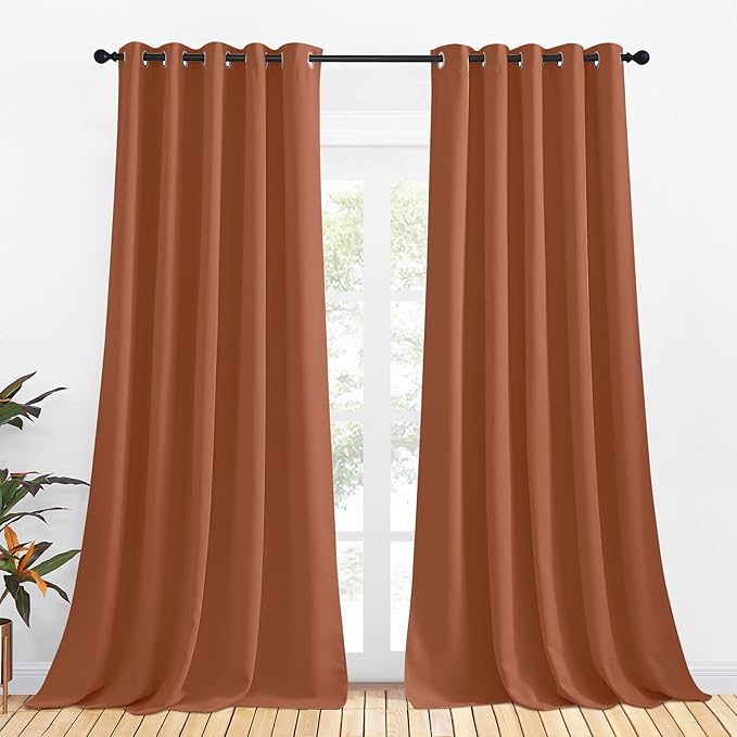 NICETOWN Thermal Insulated Burnt Orange Curtains for Living Room, Window Treatment Solid Grommet Room Darkening Drape Panels for Bedroom (Set of 2, 70 by 95 inches Long)